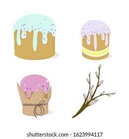 Colorful sweet Easter cakes, eggs and willow twigs isolated on a white background. 