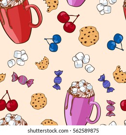 Colorful sweet food pattern with cocoa drink marshmallows biscuit berries and candies vector illustration