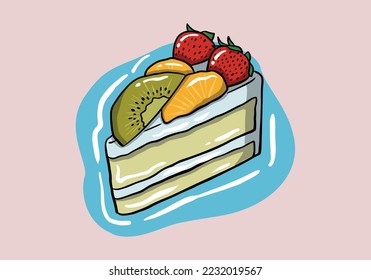 Colorful sweet fruit cake slice. A piece of cake for happy birthday, weddings, celebrations, greeting, valentine's day invitation cards. Cute fruit cream cake. Vector illustration in flat style.