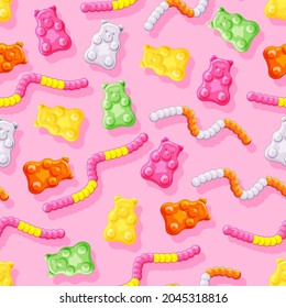Colorful Sweet Gummy Bears And Worms Seamless Pattern. Healthy Sweets, Jelly Vitamins. Vector Cartoon Illustration.