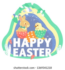 Colorful sweet Happy Easter greeting card. Vector image of Easter symbols. A painted egg, a nest of the Easter bunny. An opening, an illustration for a spring theme