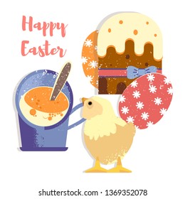 Colorful sweet Happy Easter greeting card. Vector image of Easter symbols. A painted egg, a nest of the Easter chick. An opening, an illustration for a spring theme