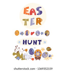 Colorful sweet Happy Easter greeting card. Vector image of Easter symbols. A painted egg, a nest of the Easter bunny. An opening, an illustration for a spring theme