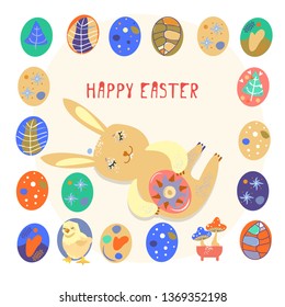 Colorful sweet Happy Easter greeting card. Vector image of Easter symbols. A painted egg, a nest of the Easter bunny. An opening, an illustration for a spring theme