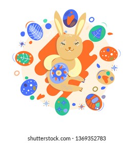 Colorful sweet Happy Easter greeting card. Vector image of Easter symbols. A painted egg, a nest of the Easter bunny. An opening, an illustration for a spring theme