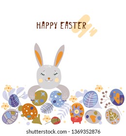 Colorful sweet Happy Easter greeting card. Vector image of Easter symbols. A painted egg, a nest of the Easter bunny. An opening, an illustration for a spring theme
