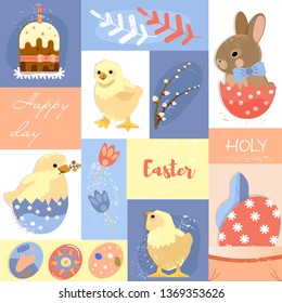 Colorful sweet Happy Easter greeting card. Vector image of Easter symbols. A painted egg, a nest of the Easter bunny. An opening, an illustration for a spring theme
