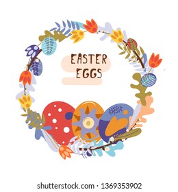 Colorful sweet Happy Easter greeting card. Vector image of Easter symbols. A painted egg. An opening, an illustration for a spring theme