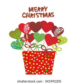 Colorful Sweet heart Cake pops set with bow in a red bucket isolated on white background. Christmas design, red and green. Vector