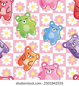 Colorful sweet jelly bears, gummy candies on flower simple background. Seamless pattern. Texture for fabric, wallpaper, decorative print