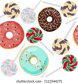 Colorful sweet lollipops and donuts seamless pattern. Food background.