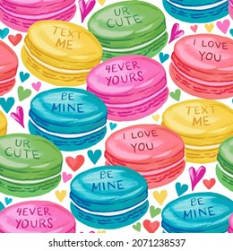 Colorful sweet macarons seamless pattern background. Conversation sweets for valentine’s day. Pink, green, teal, yellow, with hearts.