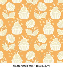 Colorful sweet muffins, flowers and doodles, floral background, seamless vector pattern