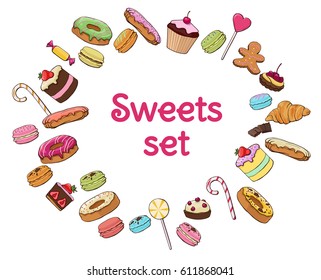 Colorful sweet products set with donuts candies macaroons croissant cookie lollipops cake muffin chocolate bars isolated vector illustration