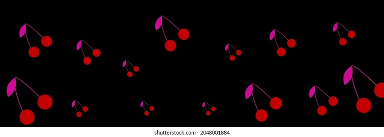Colorful Sweet Repeat Bright Cute Vintage Pink Vitamin Background. Illustration Cherries Black Print Berries Textile Summer Background. Red Design Pattern Dark Fruit Tasty Retro Dessert Ornament.