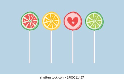 Colorful sweet round lollipops with a pattern on a stick. Vector candies.