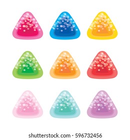 Colorful sweet triangle candy collection set. Glossy jelly with icing sprinkles on top, vector flat design illustration interface elements for app icon ui ux web button isolated on white background