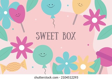 Colorful sweets box cover, bright abstract background with sweets, balloons, flowers, lollipops