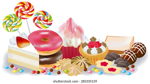 Colorful sweets candy and dessert such as lollipop, cupcake, shortcake, cookie, biscuit, tart, and donuts for children or confectionery shop in isolated background, create by vector