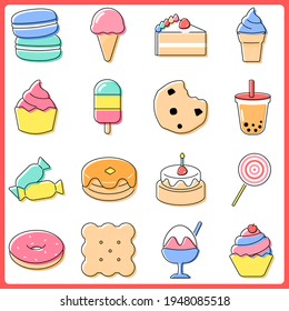 Colorful sweets and candy icon. Dessert flat line icons set. Vector Illustration.