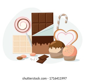 Colorful sweets - chocolate, lollipops, cookies and candy on white background. 