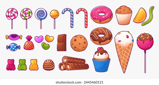 Colorful sweets collection - lollipops, marmalade, candy, baked goods, ice cream, chocolate. Set of sweet foods in cartoon style isolated on white. Delicious desserts. Vector illustration.