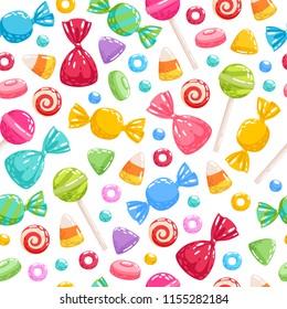 Colorful sweets icons background - spiral candy, lollipops, jelly, candy corn vector illustration.