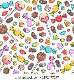 Colorful sweets icons background - spiral candy, lollipops, jelly, candy corn vector illustration. Sketch style.