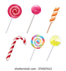 Colorful sweets icons set - candy cane marshmallow spiral lollipop lemon vector illustration.