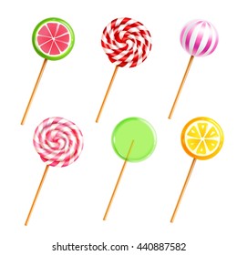 Colorful sweets lollipops and candies with different designs on sticks on white background realistic icons set isolated vector illustration