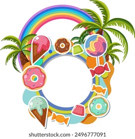 Colorful sweets with palm trees and rainbow