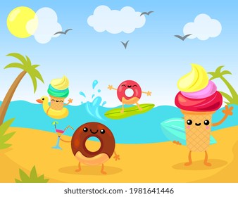 Colorful sweets resting at resort. Cartoon vector illustration. Ice cream and doughnut characters enjoying summer at ocean beach, surfing, swimming, drinking cocktails. Dessert, fantasy, sea concept