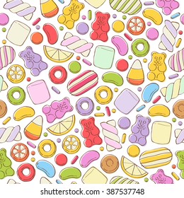 Colorful sweets seamless background - marshmallow gummy bears hard candies dragee jelly beans peppermint candy. Hand drawn sketch style vector pattern illustration.