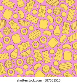 Colorful sweets seamless background - marshmallow gummy bears hard candies dragee jelly beans peppermint candy. Hand drawn sketch style vector pattern illustration.