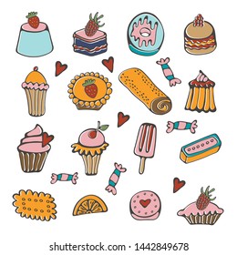Colorful sweets set. Collection of colorful desserts and sweets.