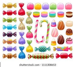 Colorful Sweets Set - Hard Candy, Chocolate Eggs, Candy Canes, Jellies. Vector Illustration. Assorted Wrapped Candies.