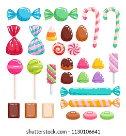 Colorful sweets set - hard candy, chocolate eggs, candy canes, jellies, chocolate, lollipops, bonbons. Vector illustration in cartoon style. Assorted wrapped candies.