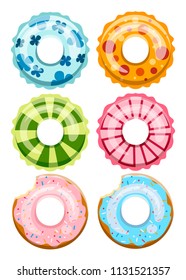 Colorful swim rings set. Inflatable rubber toy. Swimmer circle with different texture. Flat vector icons collection. Illustration isolated on white background.