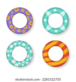 Colorful swim rings set. Realistic rubber swimming 3d rings isolated on transparent background. Summer, water and beach theme, safe icons. Summer vacation or trip safety. Vector illustration.