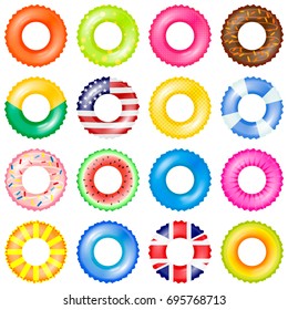 Colorful swim rings vector set. 3d realistic life buoy collection with american and UK flag, chocolate doughnut, watermelon isolated vector illustration