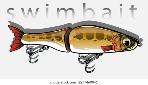 Colorful swimbait jointed fishing lure in fish shape with treble hooks isolated vector illustration.
Unique and fresh fishing lures illustration. for pro fishing activity.