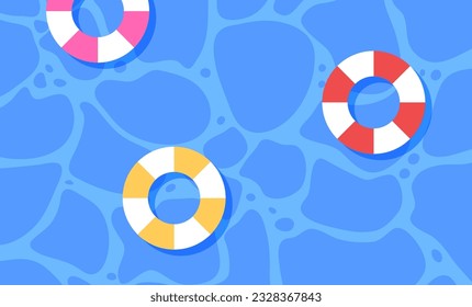 Colorful swimming ring floating on water. Concept of summer time, sea, beach, swimming water, holiday, swimming pool, vacation. Background for summer or party theme. Flat vector illustration.