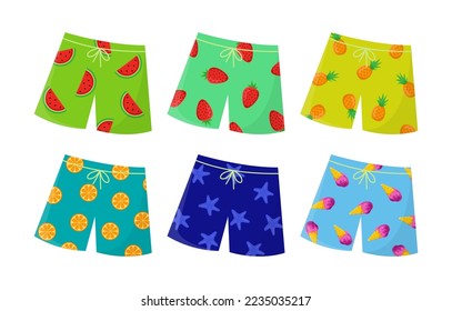 Colorful swimming shorts boys vector illustrations set. Collection of cartoon drawings of male swimwear, designs with fruits and ice cream on white background. Summer, vacation, fashion concept