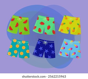 Colorful swimming shorts boys vector illustrations set. Collection of cartoon drawings of male swimwear, designs with fruits and ice cream on abstract background. Summer, vacation, fashion concept