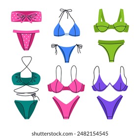 Colorful swimming wear. Women's beach fashion swimwear, stylish swimwear, bikini, bras and panties, flat vector illustration set. Summer vacation female garments