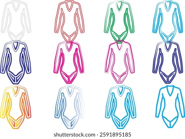 Colorful swimsuit outlines, simple vector illustrations, vibrant hues, minimalist design, stylized leotards, fashion sketch, repeated pattern, neon colors, geometric shapes, sporty silhouettes, retro 