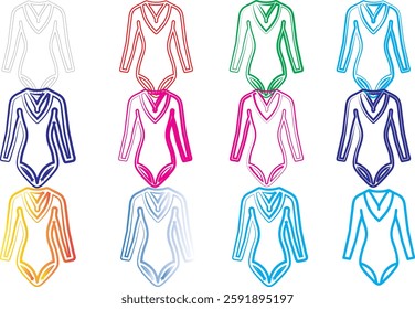 Colorful swimsuit outlines, simple vector illustrations, vibrant hues, minimalist design, stylized leotards, fashion sketch, repeated pattern, neon colors, geometric shapes, sporty silhouettes, retro 