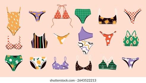 Colorful swimsuit vector set. Cute hand drawn fashionable bikini in flat style.