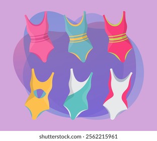 Colorful swimsuits for women vector illustrations set. Collection of cartoon drawings of swimming suits for females, clothes for beach on abstract background. Summer, fashion, vacation concept