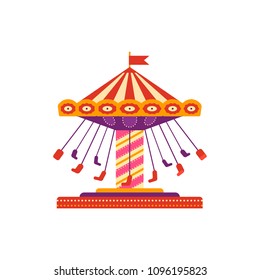 Colorful swing ride, amusement park element in flat style isolated on white background. Children's entertainment, carousel with chairs, funfair carnival vector illustration